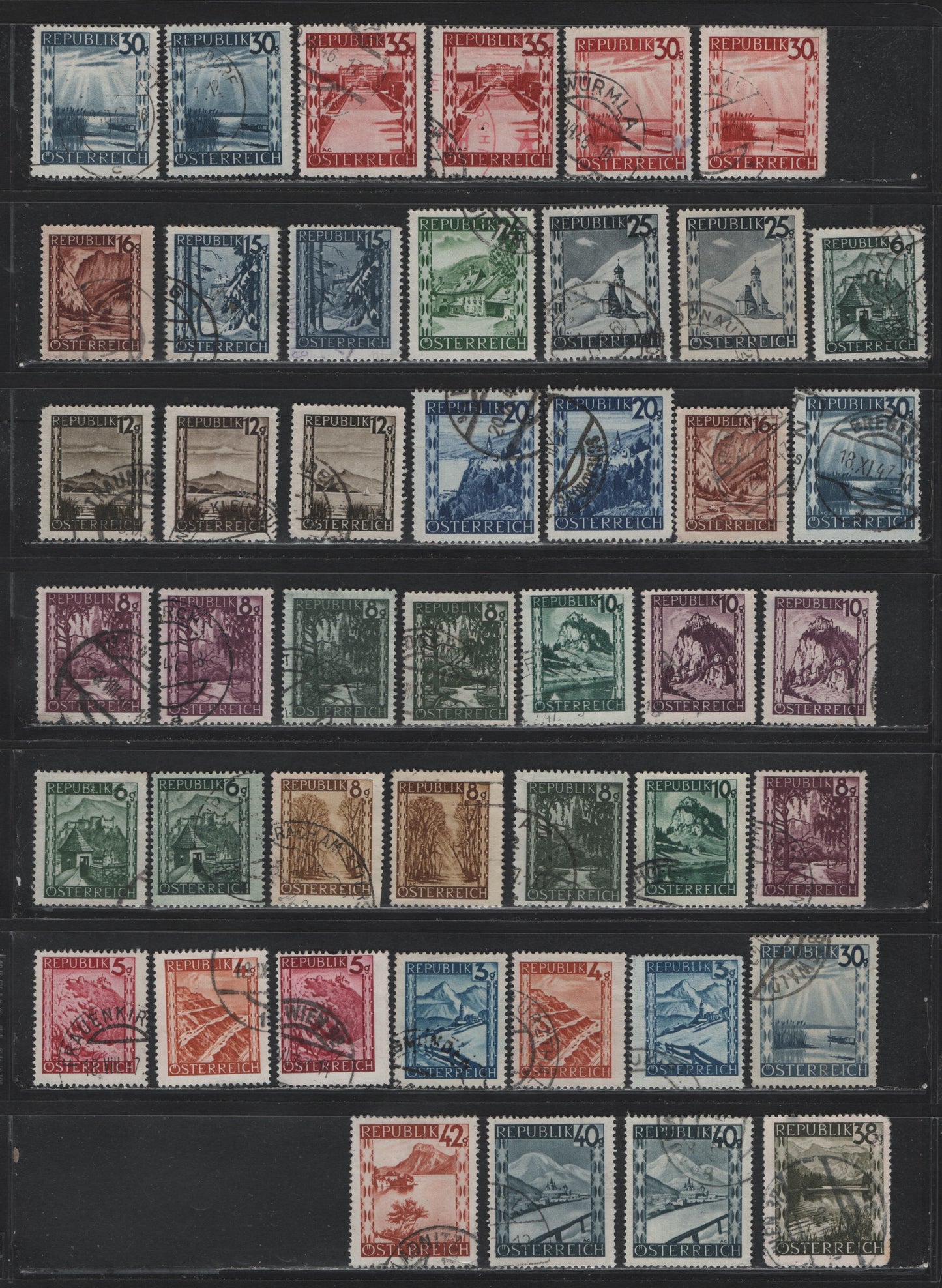 Lot 300 Austria Scott#455-471, 483-486 3g - 30g Sapphire - Blue Gray , 1945-1947 Scenic Definitives, 45 Fine/Very Fine Used Singles, Shade & Shading Varieties