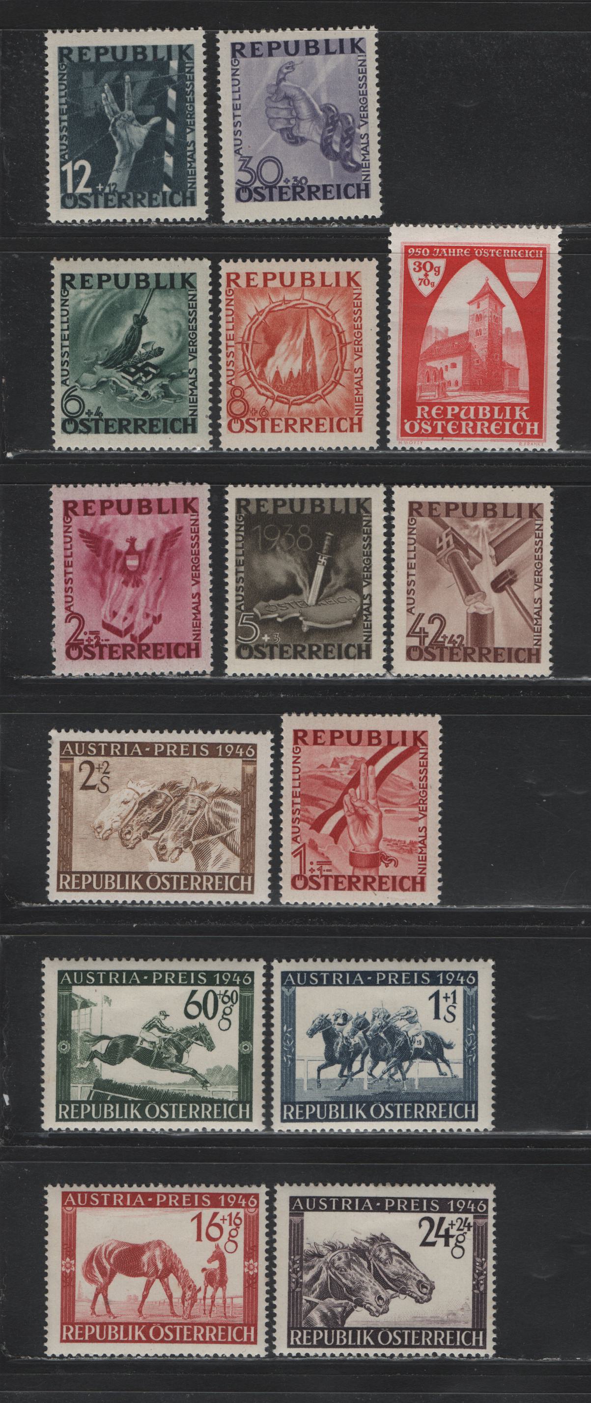 Lot 317 Austria Scott#B171-B184 5g+3g - 30g+70g Dark Brown - Dark Red , 1946 Antifascist Propaganda - 950th Anniv of Founding Of Austria Issues, 14 F/VFNH/OG Singles, B179-B183 Are Hinged
