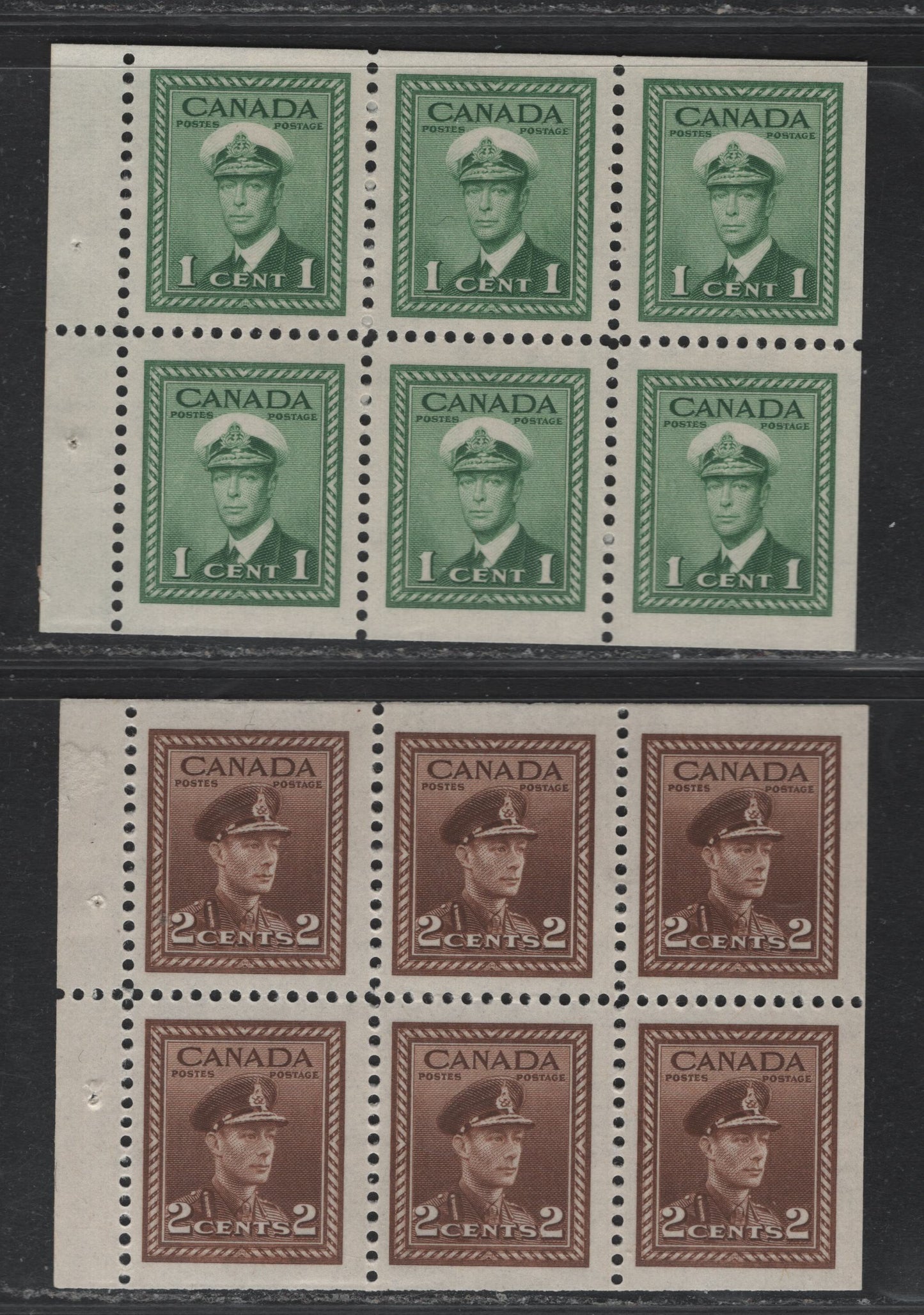 Lot 335 Canada #249b, 250b 1c - 2c Green - Brown , 1942-1943 KGVI War Issue, 2 F/VFNH/OG Booklet Panes Of 6, CBN-UUUUU & CBN-N Papers
