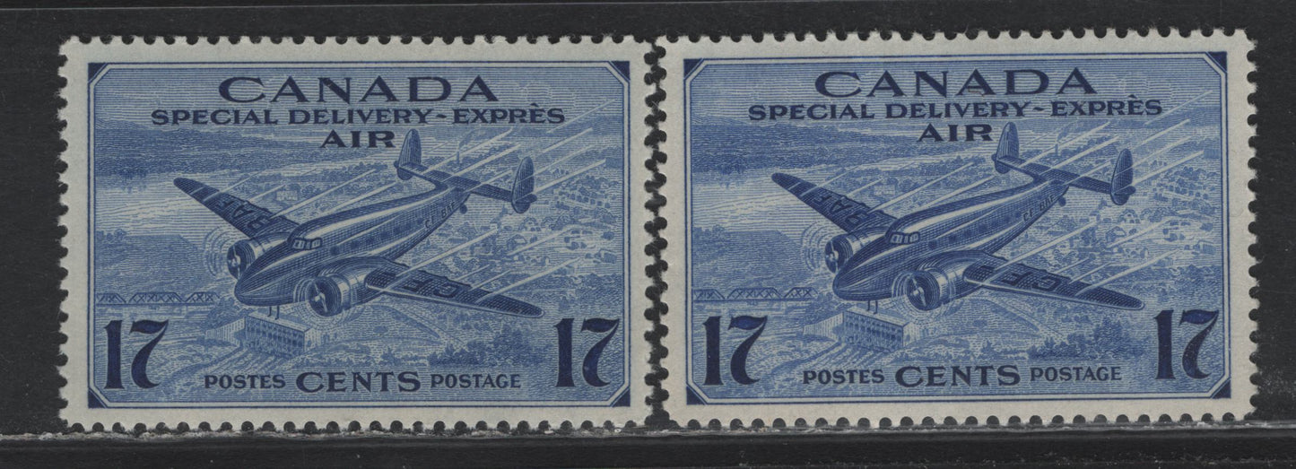 Lot 343 Canada #CE2 17c Deep Ultramarine , 1942-1943 Airmail Special Delivery Issue, 2 VFNH Singles, CBN-QQQ & CBN-YYYYY Papers, Perfs 11.9x11.8 & 11.9