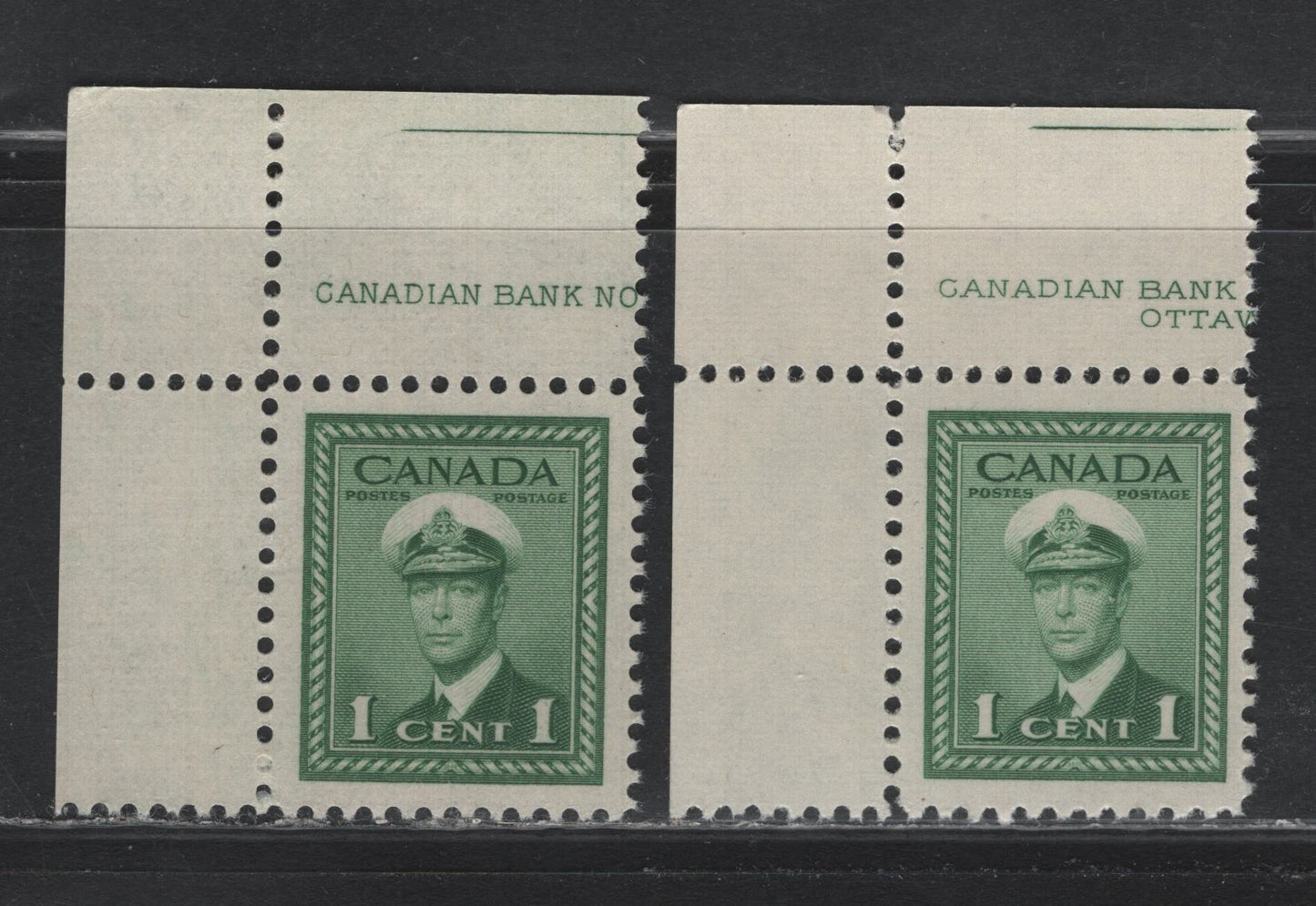 Lot 358 Canada #249 1c Green , 1942-1943 KGVI War Issue, 2 VFNH UL Inscription Singles, Two Different Formats Of The CBN Imprint, Unchecked As To Specific Paper Types