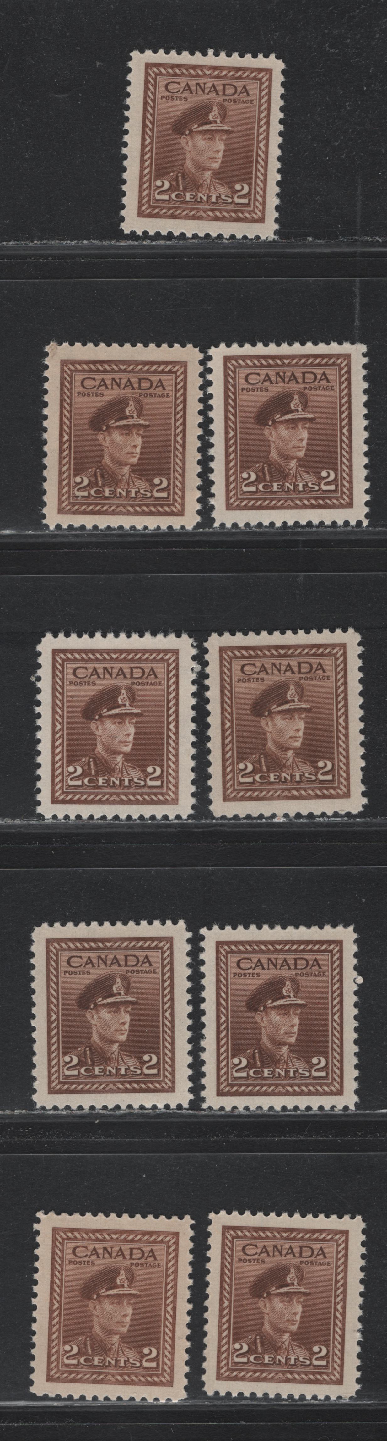 Lot 365 Canada #250 2c Brown , 1942-1943 KGVI War Issue, 9 VFNH Singles, Other Paper Types Other Than Those In The Other Lots But Not Checked In Detail, Includes 3 With Horizontal Ribbing And 6 Without