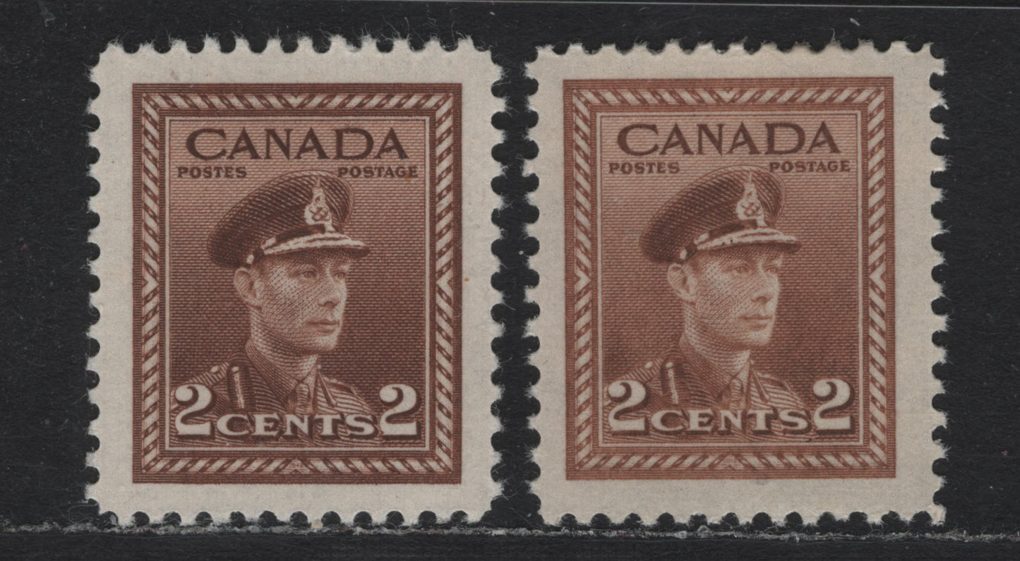 Lot 366 Canada #250var 2c Pale Yellow Brown , 1942-1943 KGVI War Issue, 2 VFOG Singles, CBN-NNNN Papers, With A Standard Brown Shade For Basic Comparison (Unclassified As To Paper)