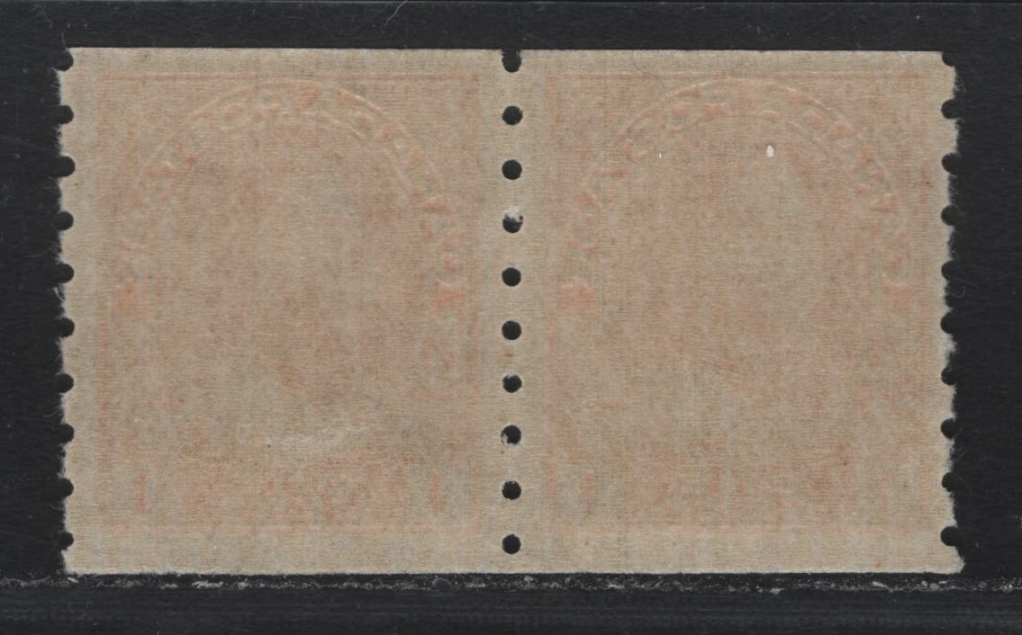 Lot 38 Canada (C) #126 1c Bright Orange Yellow , 1912-1924 KGV Admiral Coil Issue, A F/VFNH Coil Pair, ABN-I Paper, Perf 8 Vertical, Redrawn Frameline & 5mm Space Between Stamps.