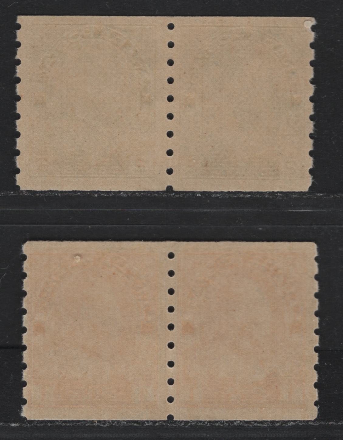 Lot 39 Canada (C) #126d, 128 1c - 2c Deep Yellow Orange - Green , 1912-1924 KGV Admiral Coil Issue, 2 FNH Coil Pairs, ABN-E & ABN-K Papers, Wet Printings, Perf 8 Vertical, Die on On The 1c, Retouched Framelines.