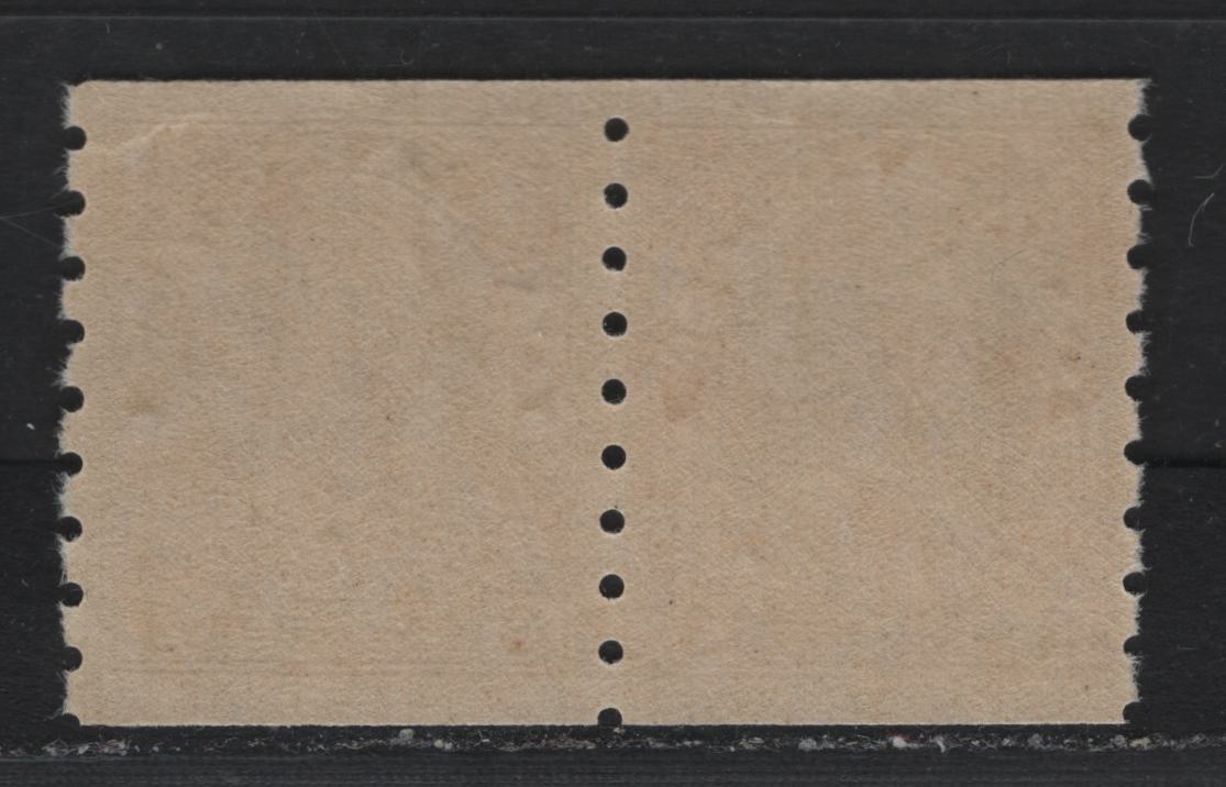 Lot 40 Canada (C) #129 3c Brown , 1912-1924 KGV Admiral Coil Issue, A VFNH Coil Pair, Wet Printing, ABN-E Paper, Perf 8 Vertical, Retouched Frameline, 2.6mm Spacing Between Stamp Designs.
