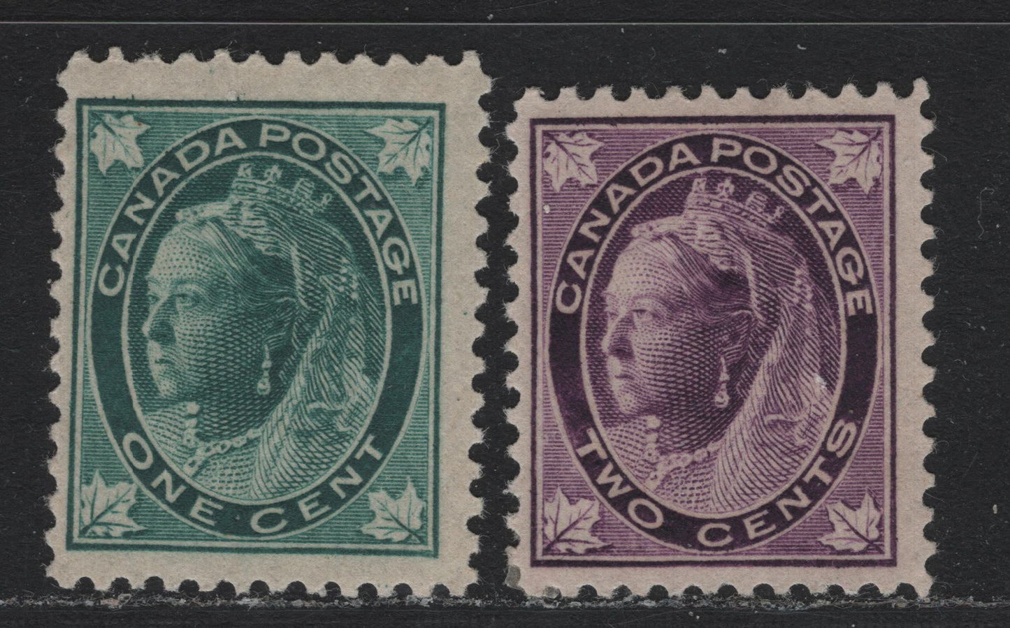 Lot 4 Canada (C) #67-68 1c - 2c Blue Green - Purple , 1897-1898 Maple Leaf Issue, 2 FNH/OG Singles, ABN-Y (1c) & ABN-AA (2c) Papers, Perf 11.9x11.9, 1c Is NH, 2c Is OG.