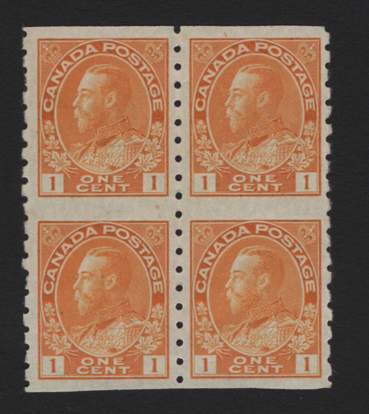 Lot 41 Canada (C) #126a 1c Bright Chrome Yellow , 1912-1924 KGV Admiral Coil Issue, A FOG Coil Block of 4, Dry Printing, Die 2, ABN-I Paper, Perf 8 Vertical, 2.6mm Spacing Between Stamp Designs.