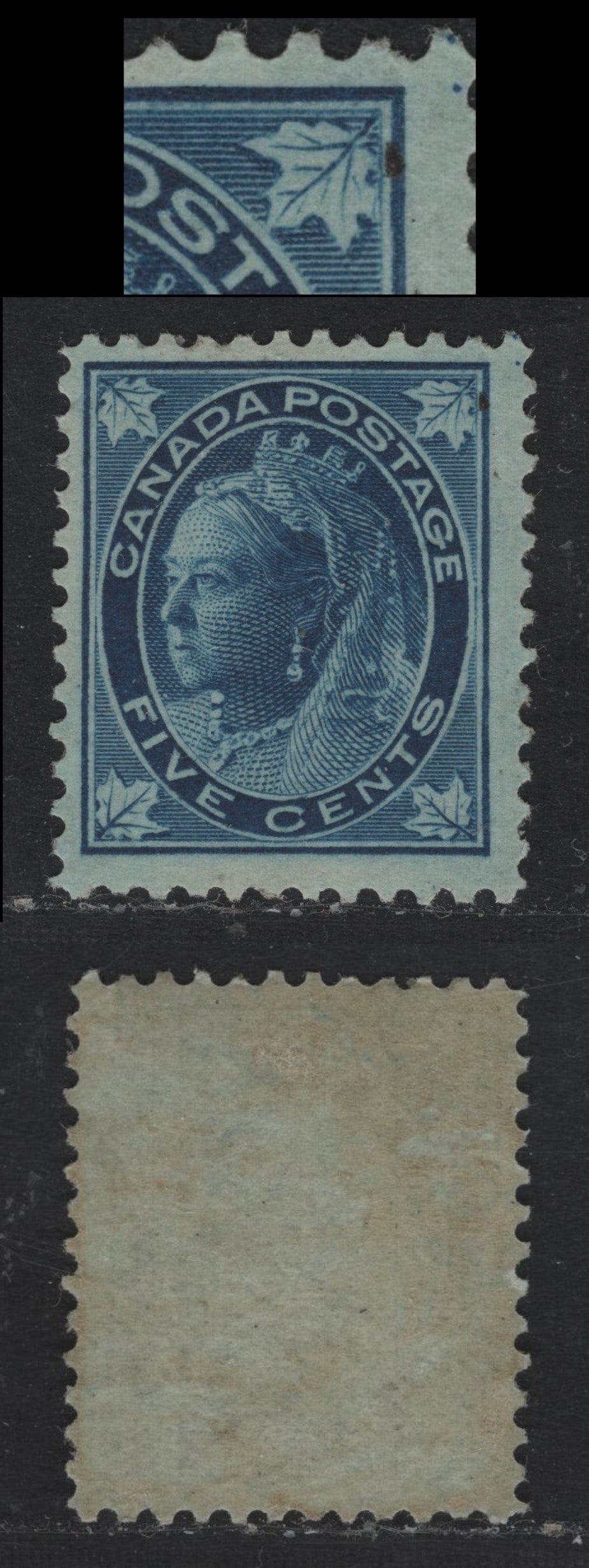 Lot 5 Canada (C) #70 5c Dark Blue , 1897-1898 Maple Leaf Issue, A VFOG Single, ABN-FF Paper, Perf 12x12.1, Showing Two Guide Dots In The Upper Right Margin.