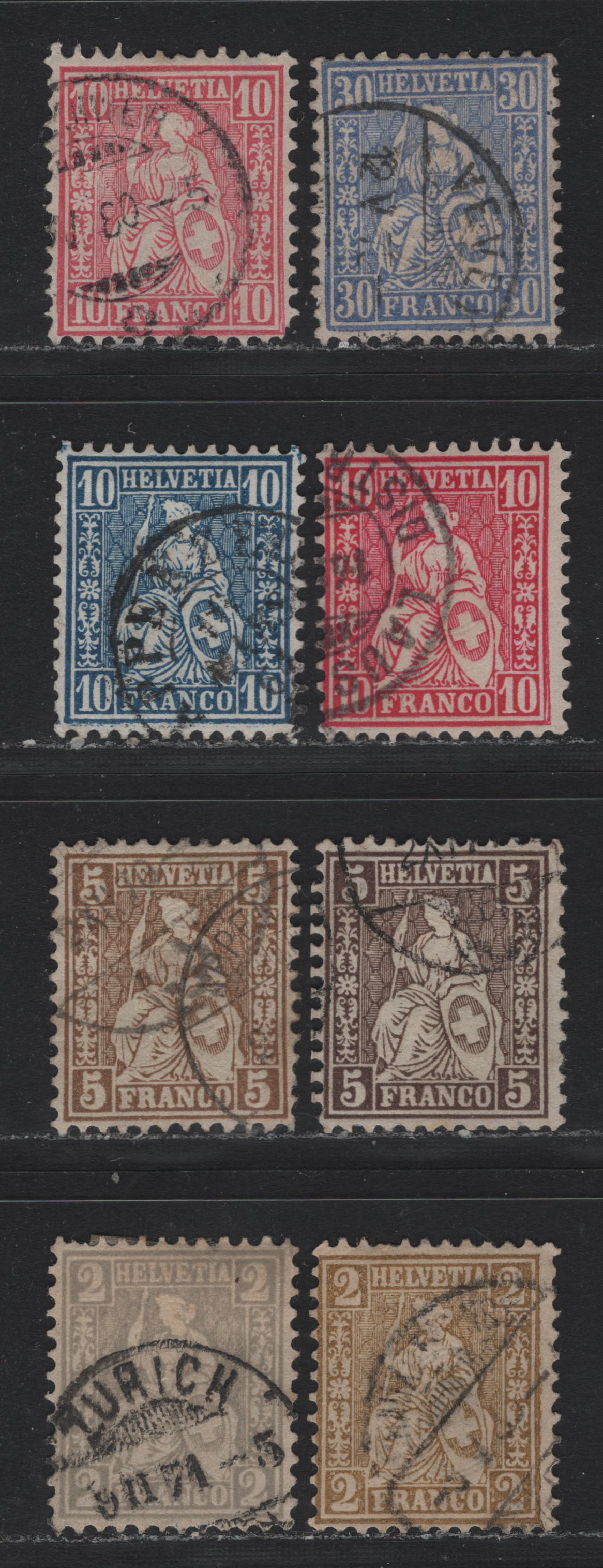 Lot 65 Switzerland Scott#41, 43-44, 43a, 52, 53, 56 2c - 30c Gray - Ultramarine , 1862-1878 Sealted Helvetia Issue, 8 Fine/Very Fine Used Singles