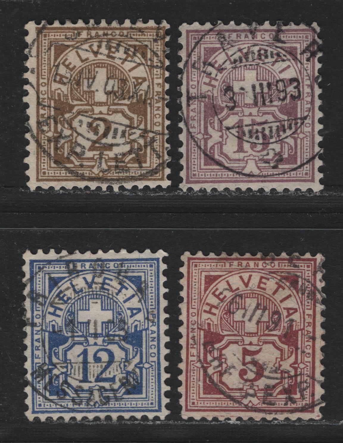 Lot 69 Switzerland Scott#69a, 71b, 74a, 76b 2c - 15c Olive Brown , 1882-1899 Numeral & Cross Issue, 4 Fine Used Singles, Type 1 Wmk, Granite Paper, 15c Has A Shallow Hinge thin.