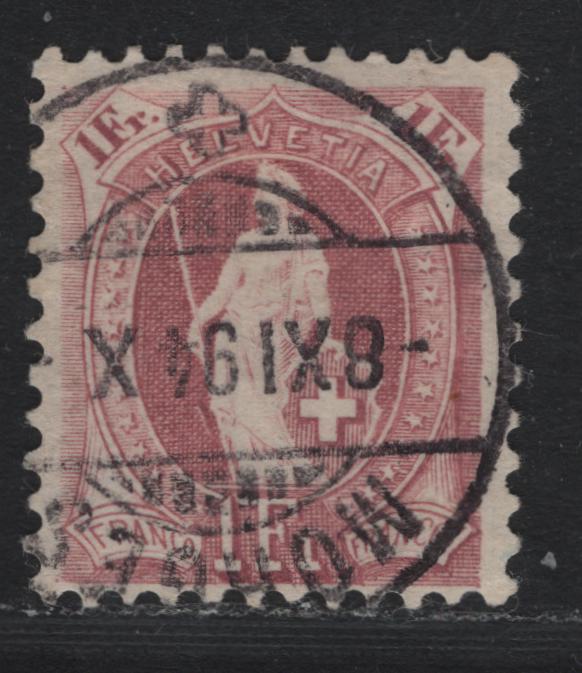 Lot 72 Switzerland Scott#87c 1fr Claret , 1891-1903 Standing Helvetia Issue, A Fine Used Single, Wmk Type 1, Perf 11.5x11