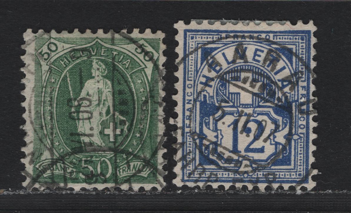 Lot 77 Switzerland Scott#117, 123 12c - 50c Ultramarine - Gray Green , 1905-1907 Helvetia - Numeral Issues, 2 Very Fine Used Singles, Crosses Wmk, Granite Paper