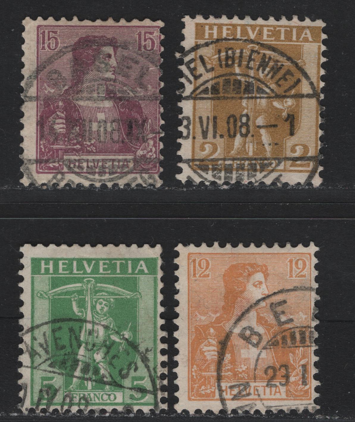 Lot 80 Switzerland Scott#126, 128, 130-131 2c - 15c Pale Bistre - Red Violet , 1907-1925 William Tell's SON & Helvetia Issue, 4 Very Good/Fine Used Singles, Light Corner Crease On 15c