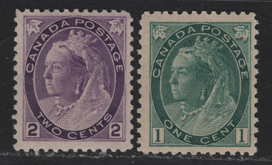 Lot 8 Canada (C) #75ii, 76i 1c - 2c Blue Green - Violet , 1898-1902 Numeral Issue, 2 FNH Singles, ABN-A Paper, Perfs 12x11.8 & 11.9x11.8