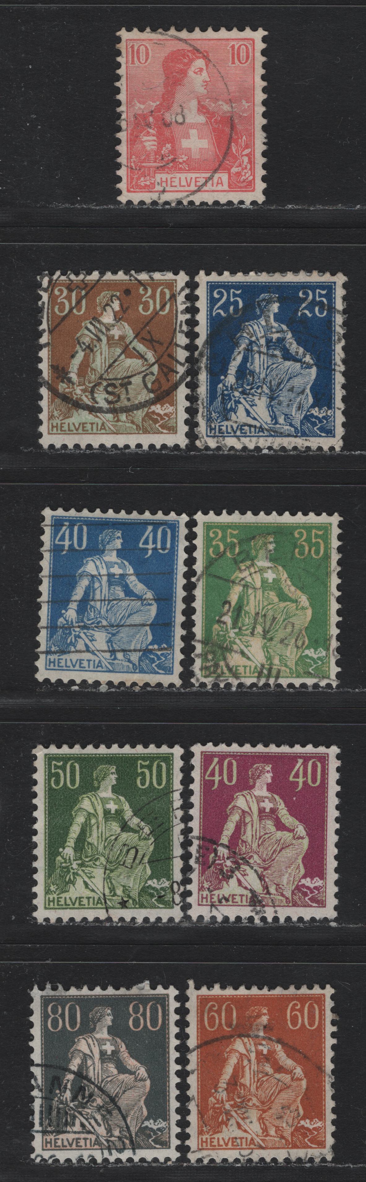 Lot 81 Switzerland Scott#129, 133-135, 137a, 138a, 139-140, 143-145 10c - 80c Rose Red - Slate & Buff , 1907-1925 William Tell's SON & Helvetia Issue, 11 Very Fine Used Singles, Normal Granite Paper