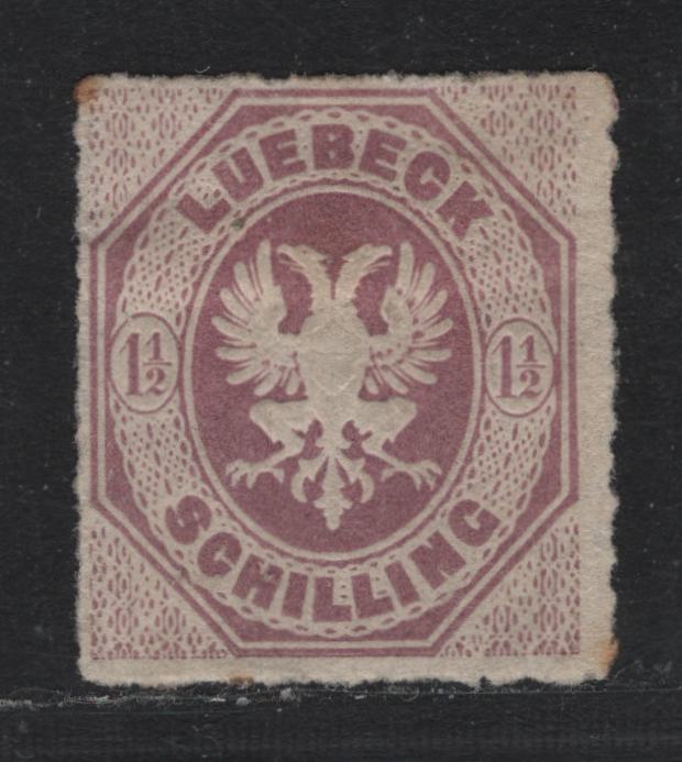 Lot 307 Germany - Lubeck (C) Scott#14 1.5s Red Lilac , 1865 Embossed Rouletted Arms Issue, A FOG Single, Rouletted 11.5, Some Toning In The UL Corner