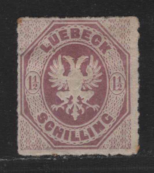 Lot 307 Germany - Lubeck (C) Scott#14 1.5s Red Lilac , 1865 Embossed Rouletted Arms Issue, A FOG Single, Rouletted 11.5, Some Toning In The UL Corner