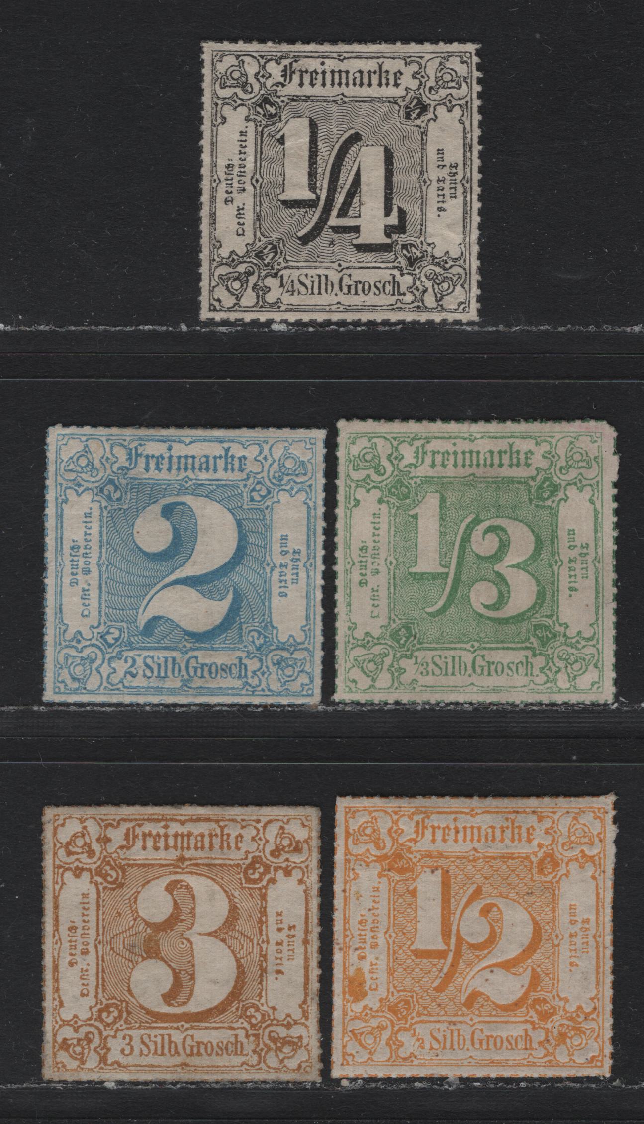 Lot 308 Thurn & Taxis - Northern District (C) Scott#27-29, 31-32 1/4shr - 3sgr Black - Bistre , 1866 Numerals Rouletted In Colored Lines Issue, 5 VFOG Singles, Some Wrinkles On 1/4sgr & 1/3sgr