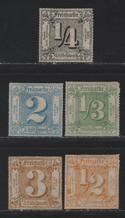 Lot 308 Thurn & Taxis - Northern District (C) Scott#27-29, 31-32 1/4shr - 3sgr Black - Bistre , 1866 Numerals Rouletted In Colored Lines Issue, 5 VFOG Singles, Some Wrinkles On 1/4sgr & 1/3sgr
