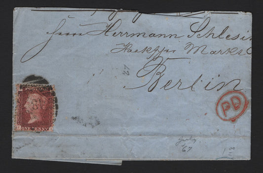 Lot 310 Great Britain (C) Scott#44 1d Lake Purple , 1865 Queen Victoria Issue, A Fine Used Cover, Plate 97, Folded Letter To Berlin
