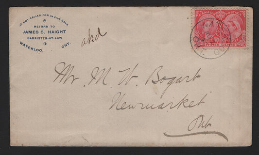 Lot 312 Canada (C) #53 3c Rose , 1897 Diamond Jubilee Issue, A Fine Used Cover, From James Haight, Barrister To His Client In Newmarket ON, Lovely Crisp August 2 1897 Waterloo CDS Tied The Stamp to The Envelope