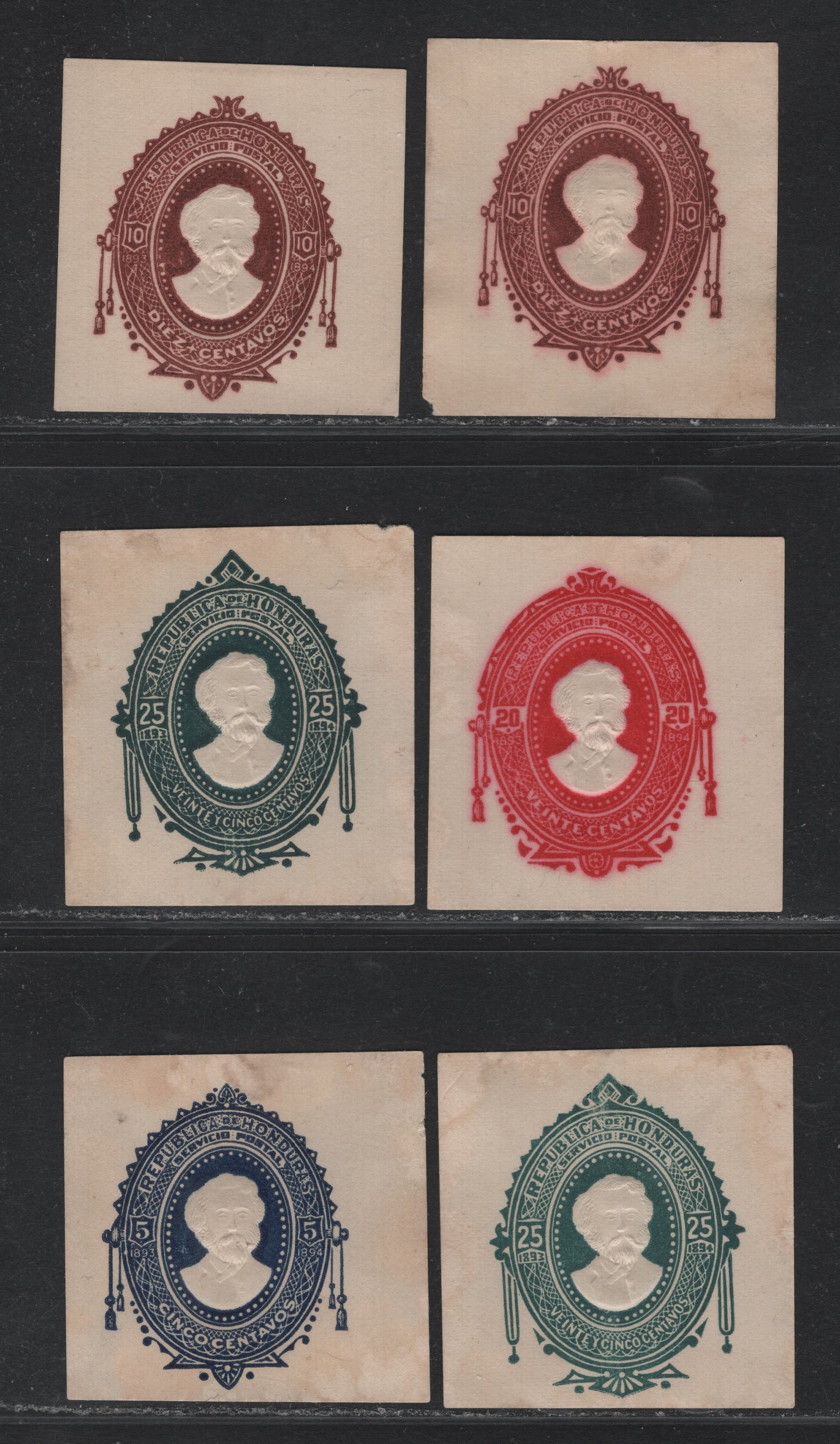 Lot 317 Honduras (C) 5c - 25c Blue - Green , 1890 Postal Stationary, 6 Very Fine Unused Cut Squares, Includes 2 Shades of 10c, Including One Aniline 10c & 20c