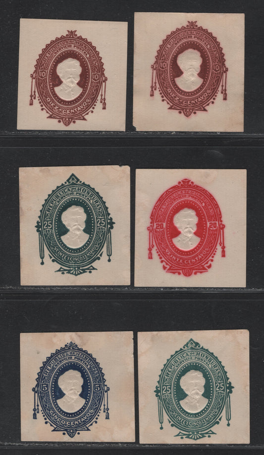 Lot 317 Honduras (C) 5c - 25c Blue - Green , 1890 Postal Stationary, 6 Very Fine Unused Cut Squares, Includes 2 Shades of 10c, Including One Aniline 10c & 20c