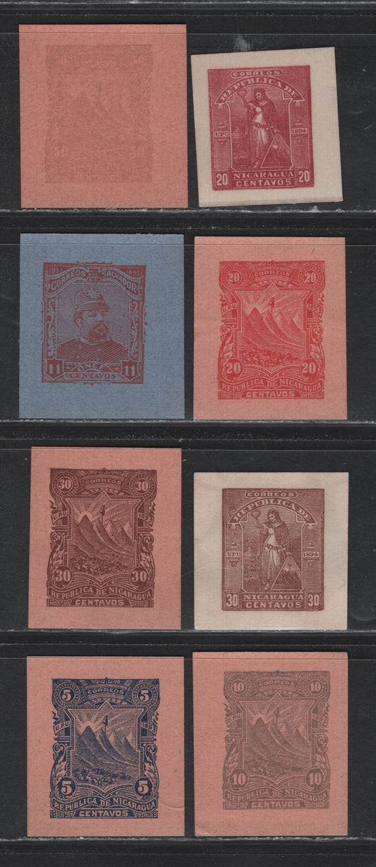 Lot 319 Nicaragua & Salvador (C) #  , 1890 Seebeck Issue, 8 Very Fine Unused Cut Squares, Fresh & With Good Margins