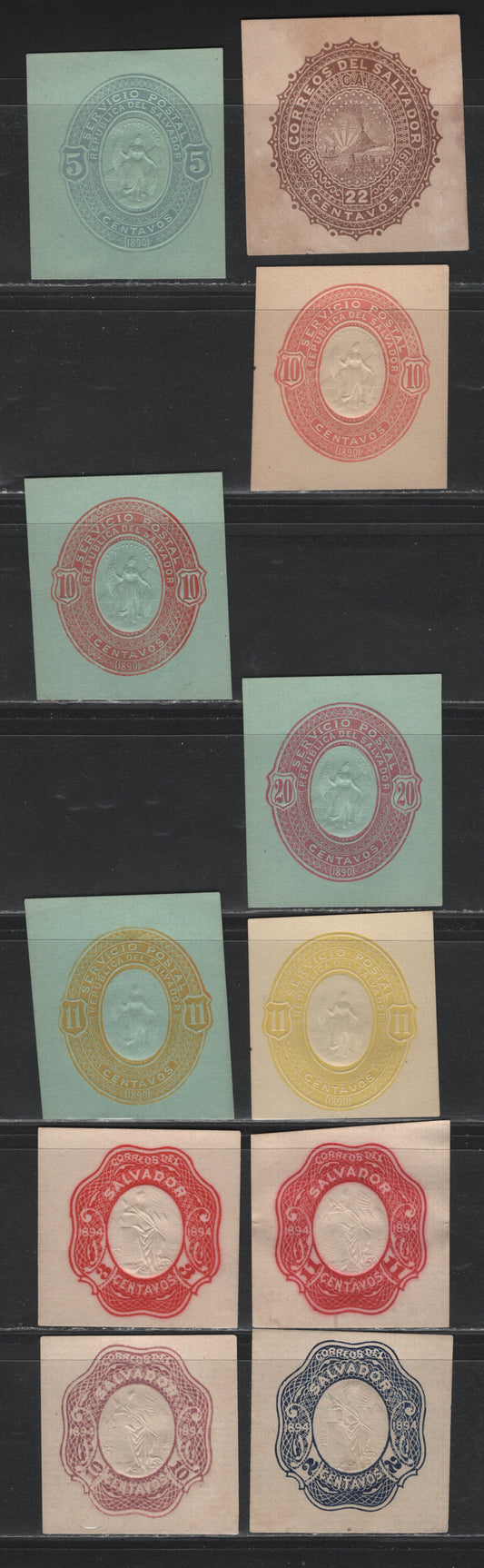 Lot 320 El Salvador (C) 1890 Postal Stationary, 11 Very Fine Unused Cut Squares, Wide Margins On White, Cream & Bluish Papers