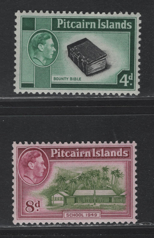 Lot 326 Pitcairn Islands (C) Gibbons#5b, 6a 4d - 8d Black & Emerald Green - Olive Green & Magenta , 1951 Pictorial Issue, 2 VFOG Singles