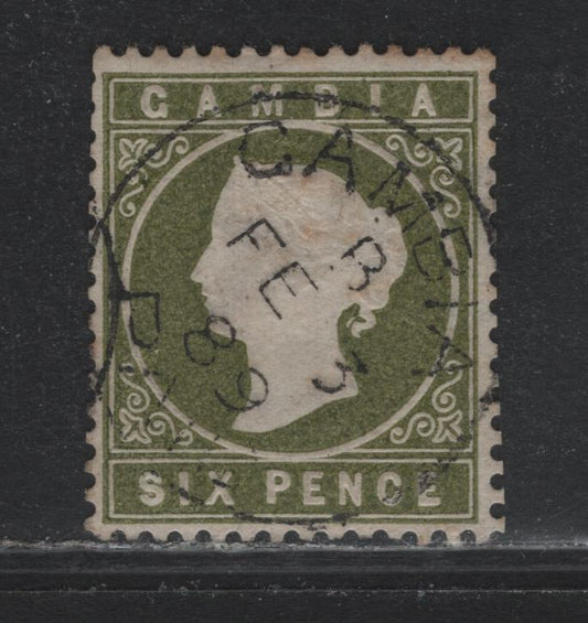Lot 329 Gambia (C) Gibbons#32d 6d Olive Green , 1886-1893 Queen Victoria Cameo Heads Issue, A Fine Used Singles, Sideways Crown CA Wmk, Gambia Cancel Dated Feb 3 1889