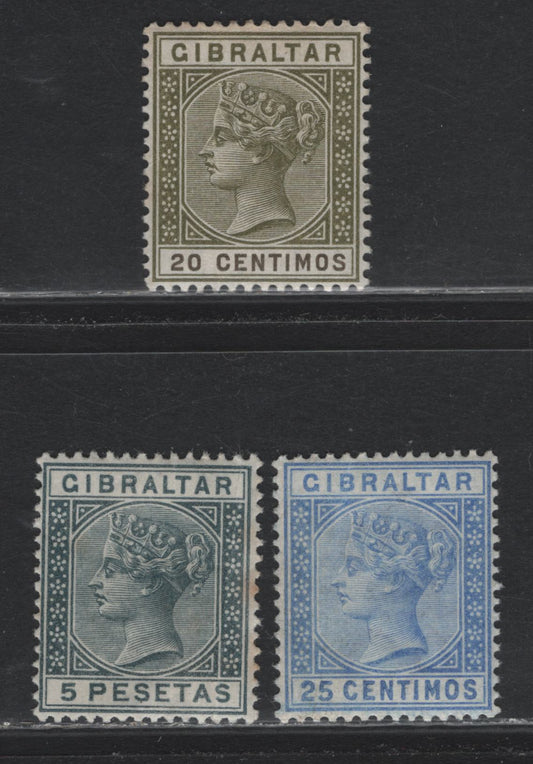 Lot 334 Gibraltar (C) Gibbons 24, 26, 33 20c - 5p Olive Green & Brown - Slate Gray , 1889-1896 Queen Victoria Keyplate Issue, 3 VG/VFOG Singles, Spanish Currency, Light Diagonal Crease In 25c, 5p Has Toning Spots On The Back.