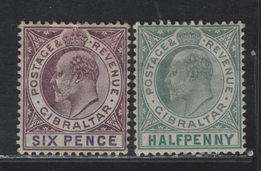 Lot 335 Gibraltar (C) Gibbons#56, 60 1/2d - 6d Dull & Bright Fgreen - Dull Purple & Violet , 1904-1908 King Edward VII Issue, 2 F/VFOG Singles, Very Small Wrinkle In Upper Margin, Wmk Crown CA, Ordinary Paper.