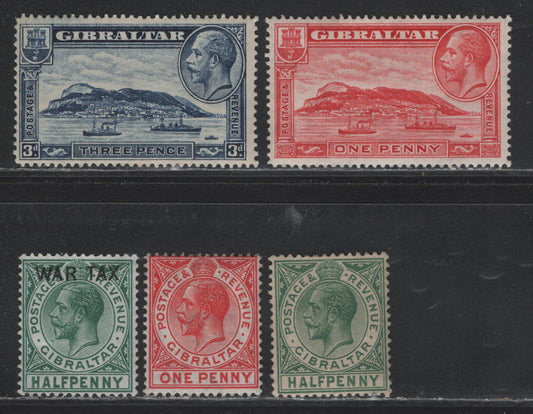 Lot 335A Gibraltar Gibbons#77, 86, 89, 110, 113 1d - 3d Carmine Red - Blue , 1912-1933 Rock of Gibraltar Issue, 5 F/VFNH/OG Singles, Multiple Crown CA Wmk, 3d Blue Is NH