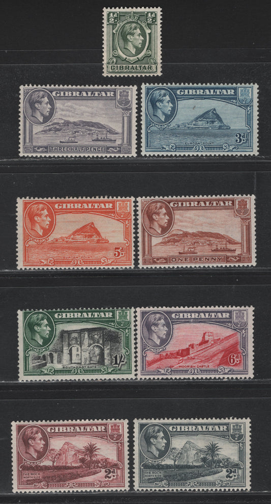 Lot 336 Gibraltar (C) Gibbons#121, 122d, 123b, 124b,c, 125b,c, 126b, 127 1/2d - 1/- Deep Green - Black & Green , 1938-1951 KGVI Pictorial Issue, 9 F/VFOG Singles, Perf 13, 1943-1951 Printings, Upright & Sideways Wmks.
