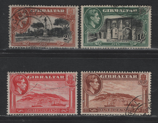 Lot 337 Gibraltar (C) Gibbons#122ab, 123a, 127a, 128b 1d - 2/- Yellow Brown - Black & Red Brown , 1938-1951 KGVI Pictorial Issue, 4 Fine/Very Fine Used Singles, Perf 13.5 & 13, Sideways Wmk On 1d