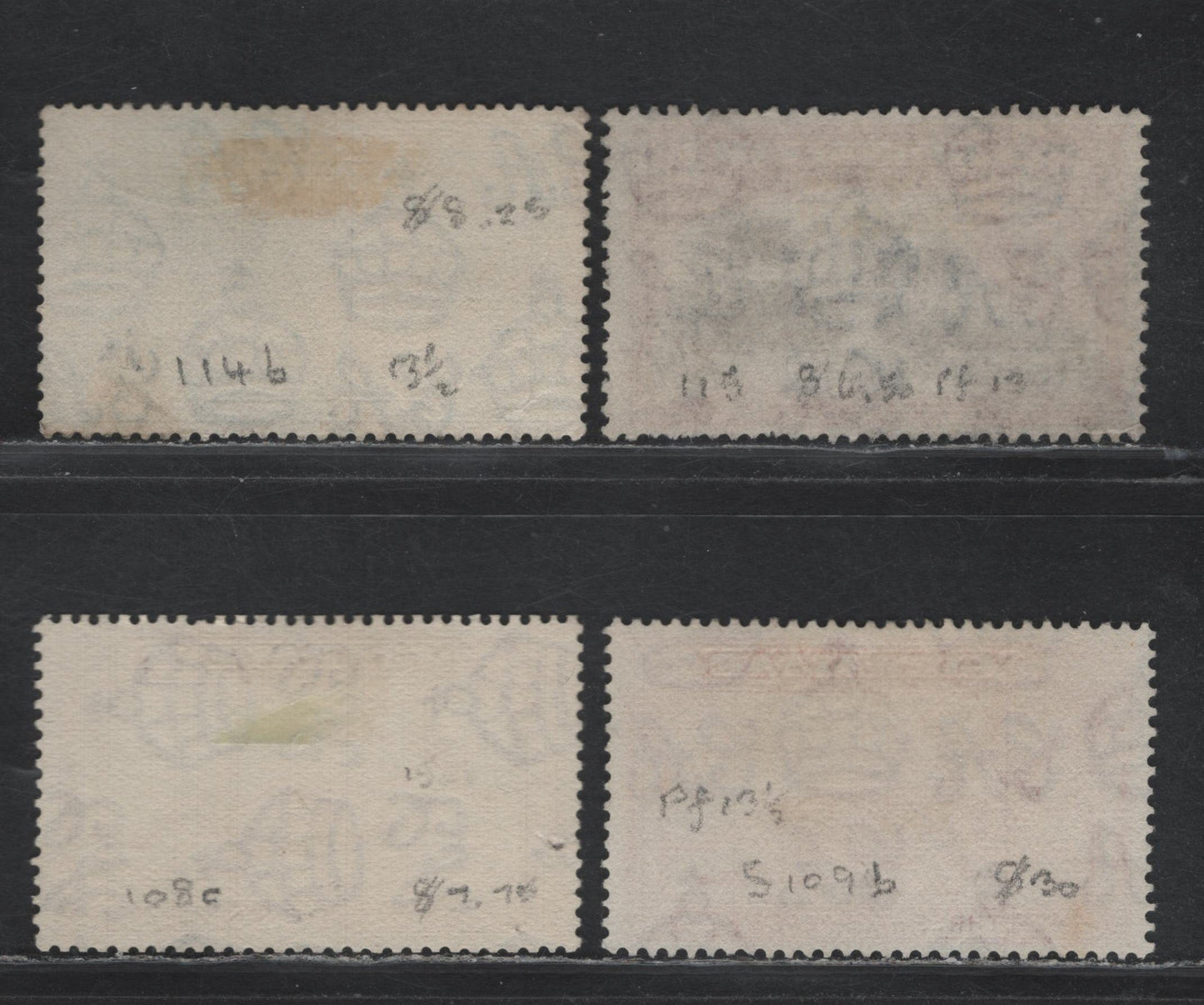 Lot 337 Gibraltar (C) Gibbons#122ab, 123a, 127a, 128b 1d - 2/- Yellow Brown - Black & Red Brown , 1938-1951 KGVI Pictorial Issue, 4 Fine/Very Fine Used Singles, Perf 13.5 & 13, Sideways Wmk On 1d