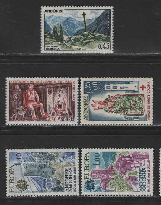 Lot 341 Andorra - French Admin (C) Scott#149, 177, 254-255, B1 45c - 25c+40c Indigo, Blue & Green - Multicolored , 1961-1977 Pictorials - Europa Issues, 5 VFOG/NH Singles, B1 1964 Semi Postal Is NH
