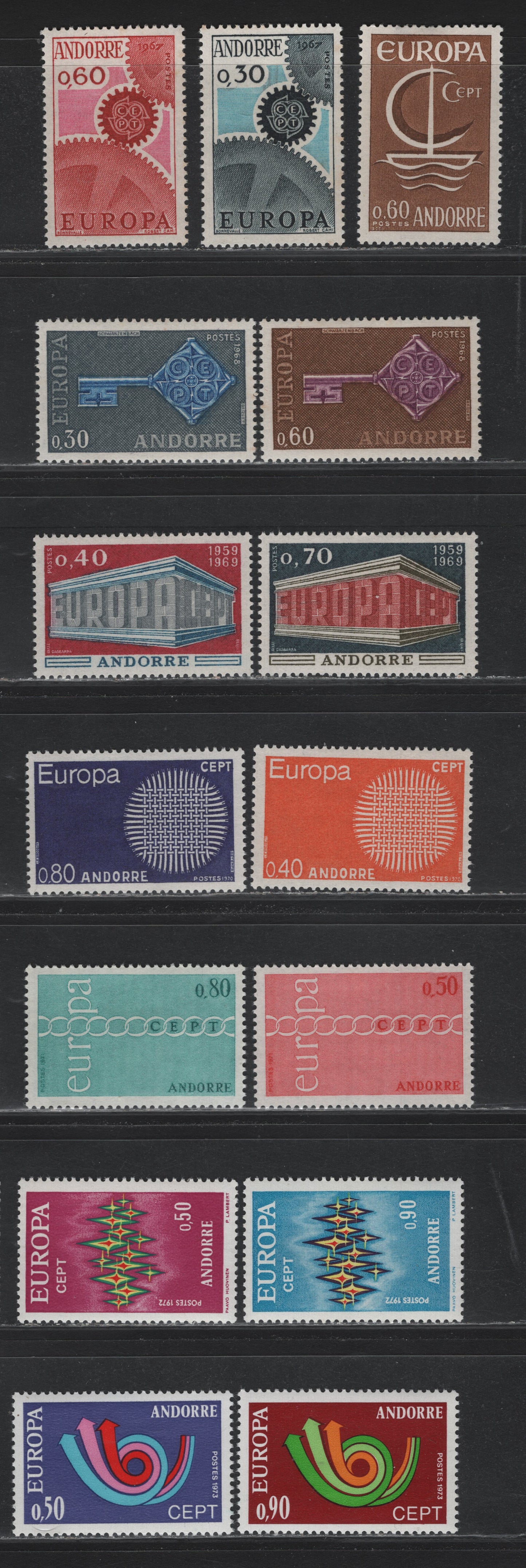 Lot 342 Andorra (C) Scott#172, 182-183, 174-175, 188-189, 196-197, 205-206, 210-211, 219-220 60c - 90c Brown - Dark Red & Multicolored , 1966-1973 Europa Issues, 15 VFOG Singles, 90c 1972 Issue Is Thinned And Not Counted