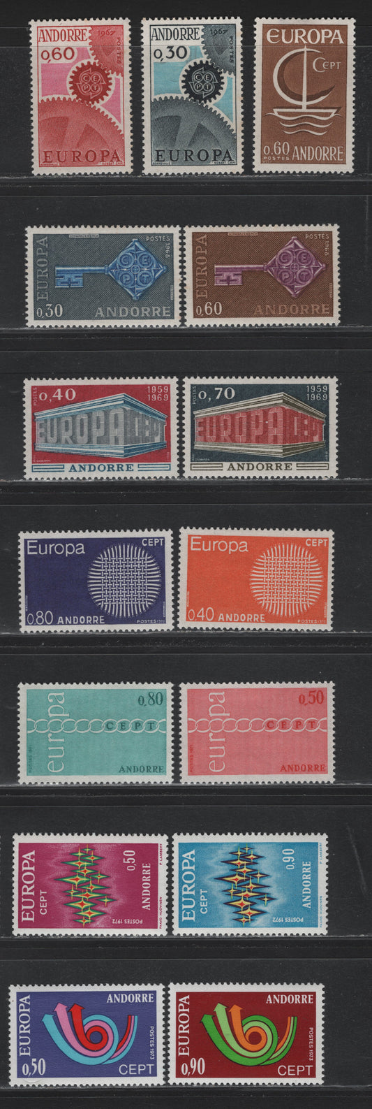 Lot 342 Andorra (C) Scott#172, 182-183, 174-175, 188-189, 196-197, 205-206, 210-211, 219-220 60c - 90c Brown - Dark Red & Multicolored , 1966-1973 Europa Issues, 15 VFOG Singles, 90c 1972 Issue Is Thinned And Not Counted