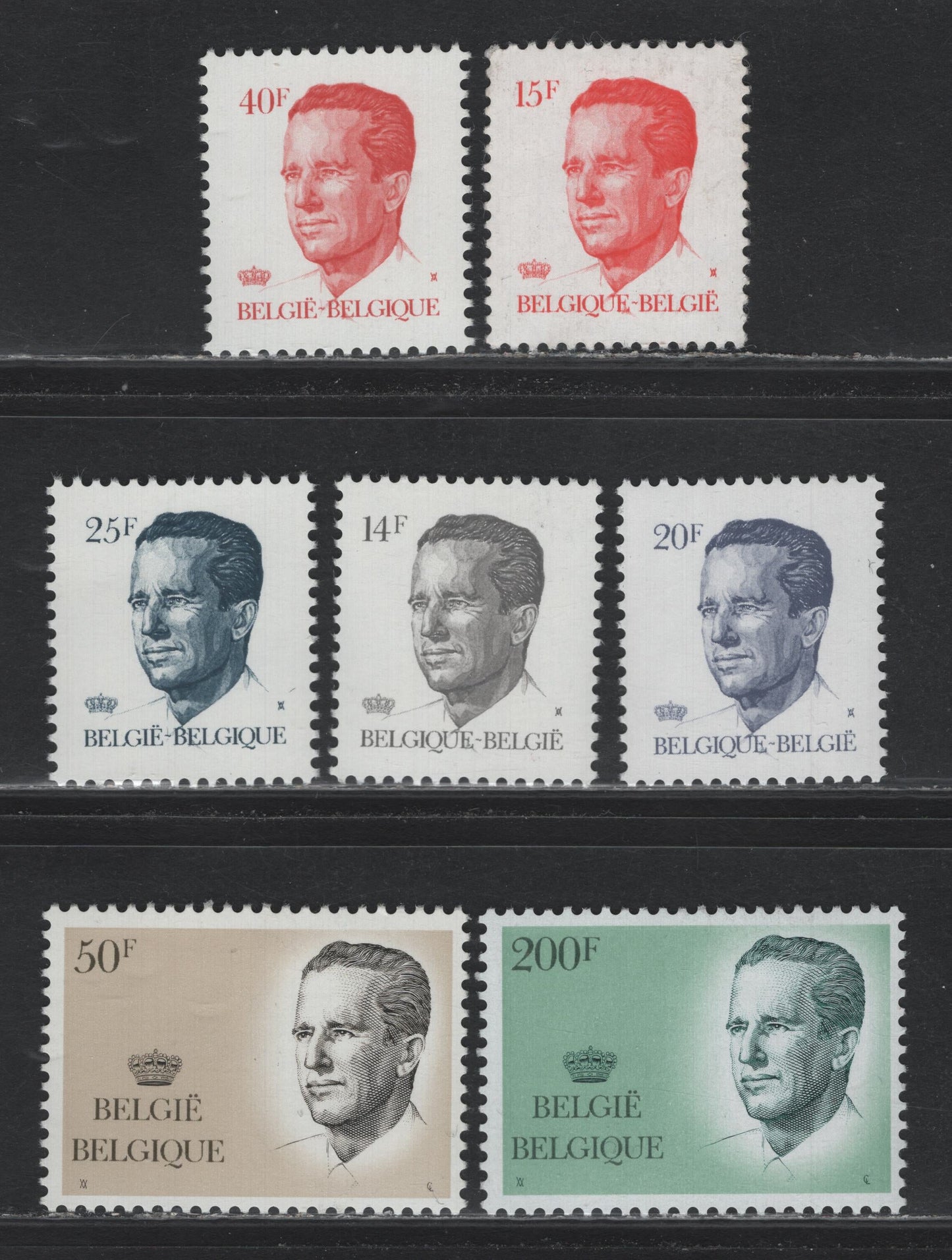 Lot 345 Belgium (C) Scott#1093-1094, 1098, 1100, 1231, 1233-1234 15fr - 200fr Red Orange - Sage Green & Dull Gray Green , 1980-1990 King Bauduin Issue, 7 F/VFNH Singles