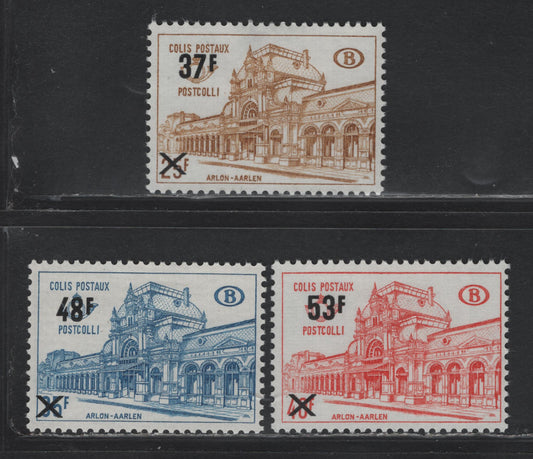 Lot 346 Belgium (C) Scott#Q410-Q412 37fr on 25fr - 53fr on 40fr Bistre - Vermillion , 1970 Surcharged Parcel Post Issue, 3 F/VFOG Singles, 37f On Tagged Paper