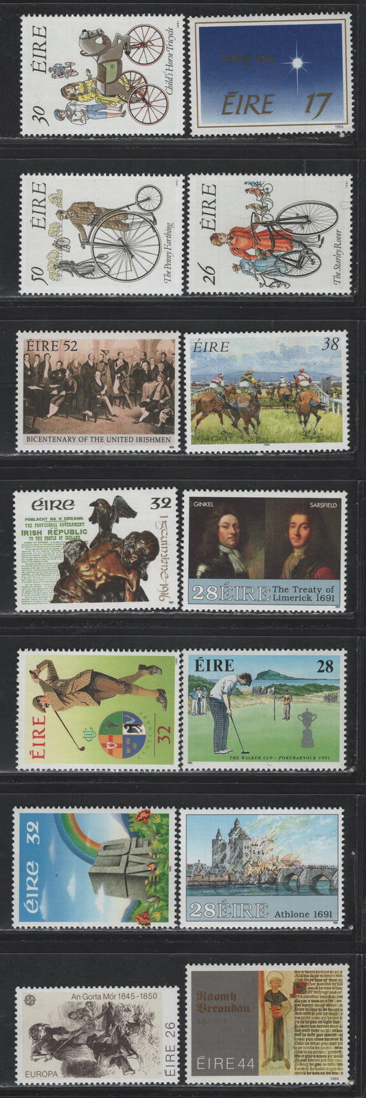 Lot 348 Ireland (C) Gibbons#519, 601, 603, 824-827, 834, 840, 835, 838-839, 1004 26p - 38p Tan & Brown - Multicolored , 1982-1996 Europa - Irish Horse Racing Issue, 14 VFNH Singles