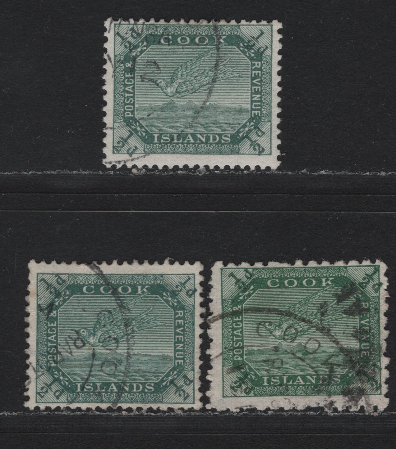 Lot 352A Cook Islands (C) Gibbons#28, 37, 37var 1/2d Yellow Green , 1907-1919 Queen Makea Takau Issue, 3 Fine Used Singles, Two Examples Of 1/2d, One Showing Misplaced Corner Figures