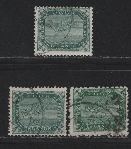 Lot 352A Cook Islands (C) Gibbons#28, 37, 37var 1/2d Yellow Green , 1907-1919 Queen Makea Takau Issue, 3 Fine Used Singles, Two Examples Of 1/2d, One Showing Misplaced Corner Figures