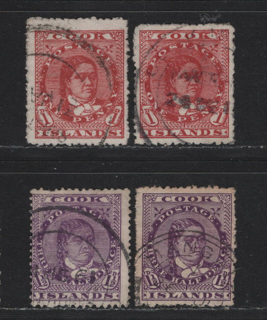 Lot 352B Cook Islands (C) Gibbons#38-a, 42-42 1d - 1.5d Red =- Deep Mauve , 1907-1919 Queen Makea Takau Issue, 4 Very Good/Fine/Very Fine Used Singles, Star & NZ Sideways & Upright Wmks, Ordinary & Chalky Papers, Perfs 14 & 14x15.