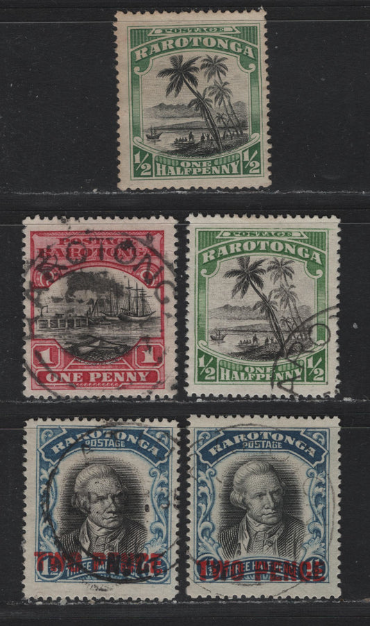 Lot 353 Cook Islands (C) Gibbons#70, 81-82, 93-94 1/2d - 2d on 1.5d Black & Green - Blue , 1920-1927 Pictorial Issue, 5 Fine/Very Fine Used Singles, Watermarked & Unwatermarked