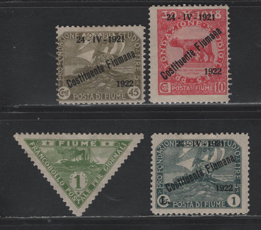 Lot 356 Fiume (C) SC#150, 153, 156, P4 1c - 1l Dark Green - Green , 1920-1921 First Constituent Assembly - Newspaper Tax Issues, 4 VG/F/VFOG Singles, Small Tear On #156 .