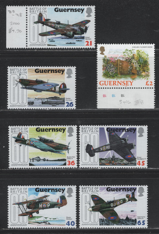 Lot 359 Guernsey (C) SC#496, 713-718 £2 - 65p Multicolored , 1993-2000 Flowers - 60th Anniv of Battle of Britain Issues, 7 VFNH Singles